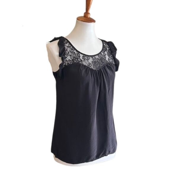 Y2K Black Silk Sleeveless Blouse – Lace Yoke & Ruffle Trim – Size S - Picture 4 of 5